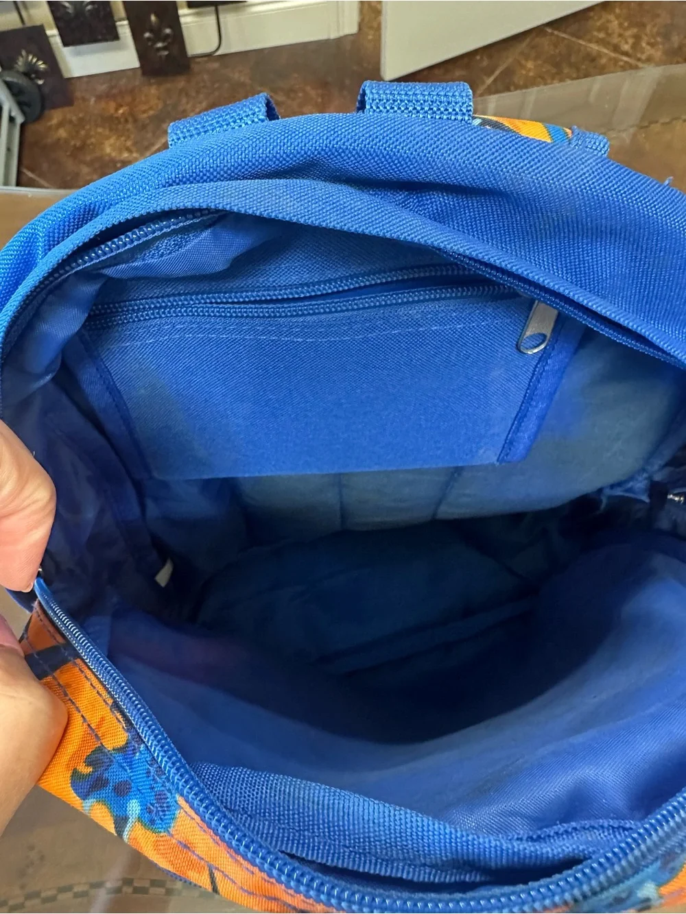 Kids Orange & Blue Dinosaur Backpack with Green Monogram